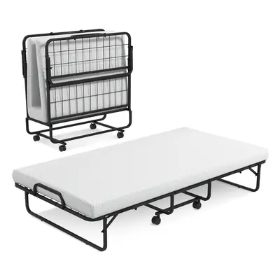 Folding Single Bed Portable Guest Bed W/ Wheels & Memory Foam Mattress