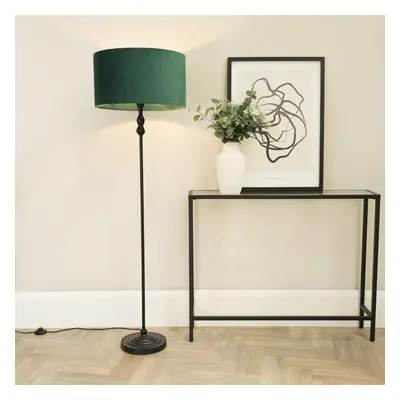 ValueLights Maggie Black Candlestick Floor Lamp & Green Velvet Shade