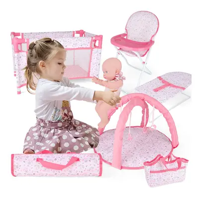 4 in Baby Doll Deluxe Play Set Highchair Baby Bed Cradle Role Play Toy for Kids (doll not includ