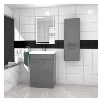 Nes Home 600mm Freestanding Grey Basin Vanity & 350mm Wall Hung Tall Cabinet Set