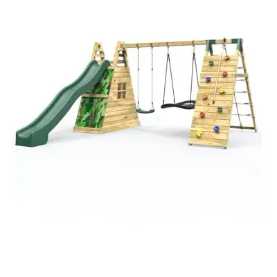 (Rainbow) Rebo Wooden Pyramid Climbing Frame with Swings and 8.7ft Water Slide