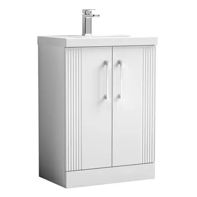 Retro Door Floor Standing Vanity Unit with Thin-Edge Tap Hole Ceramic Basin - 600mm - Satin Whit