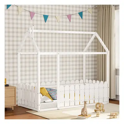 Wooden House Toddler Bed with Fence and Roof