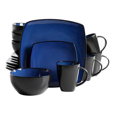 Gibson Soho Lounge Square Reactive Glaze Stoneware Dinnerware Set, Service for (16pc), Sapphire