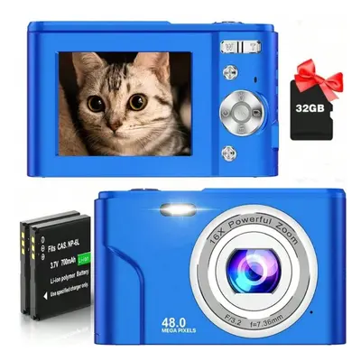 (Blue) FHD 1080P 48MP Digital Camera, 16X Zoom, Beginner-Friendly, Mini Camera with Batteries & 