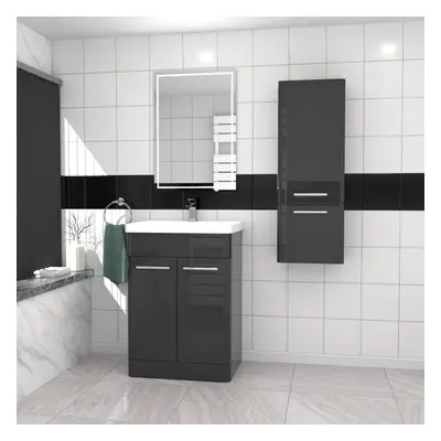 Nes Home 600mm Freestanding Dark Grey Basin Vanity & 350mm Wall Hung Cabinet