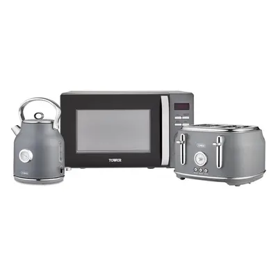 Tower Renaissance Kitchen Set, 1.7L Quite Boil Kettle & Slice Toaster & 20L Microwave, Grey, T10