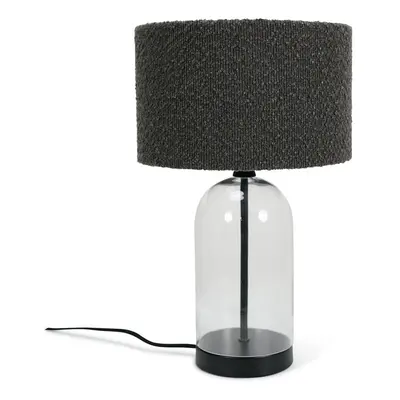 Glass and Black Metal Table Lamp with Charcoal Grey Boucle Shade Light