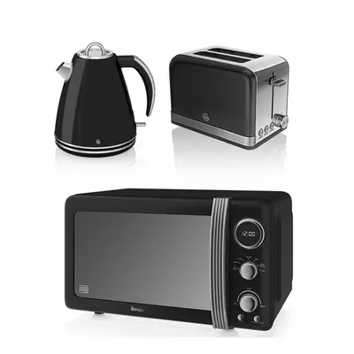 Swan BLACK Retro Digital 20L Microwave, 1.5 Litre Jug Kettle & Slice Toaster Set