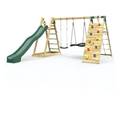 (Horseshoe) Rebo Wooden Pyramid Climbing Frame with Swings and 8.7ft Water Slide