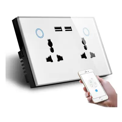 (White) Smart WiFi Switch Double Universal Outlet with USB Compatible with Alexa and Google Home