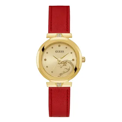 GUESS Women's 34mm Watch - Red Strap Champagne Dial Gold Tone Case