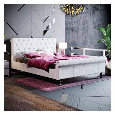 (King Size, Light Grey Velvet) Violetta Bed Frame Sleigh Velvet Fabric Button