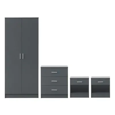 4 Piece Bedroom Furniture Set Wardrobe Chest Drawers Bedside Table Dark Grey