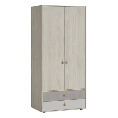 Denim Door Drawer Wardrobe in Light Walnut, Grey Fabric Effect and Cashmere