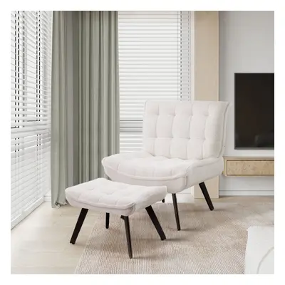 White Velvet Widened Wingback Accent Chair with Footstool