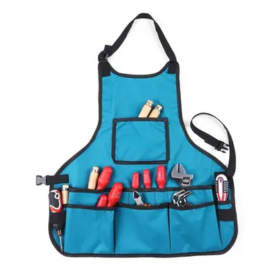 (Blue) Waterproof Canvas Gardening Tool Apron Tools Bag with Pockets Adjustable Size