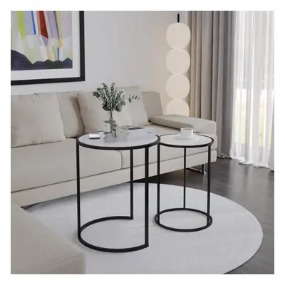 (Black Legs White Glass) Pcs Round Nesting Side Tables Set Tempered Glass Top Metal Leg Coffee T