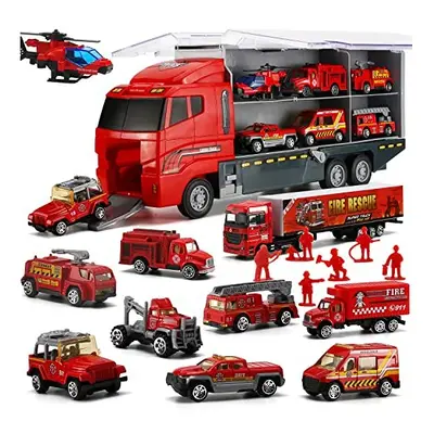 Fire Truck(19 in 1), Mini Die-cast Toy Car Play Firetruck Vehicles in Carrier Truck with Firefig