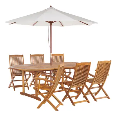 Table with Chairs and Parasol MAUI Acacia Wood 160/220x100x74 cm Light Wood