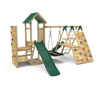 (Crestone+) Rebo Wooden Climbing Frame with Vertical Rock Wall, Swing Set and Slide