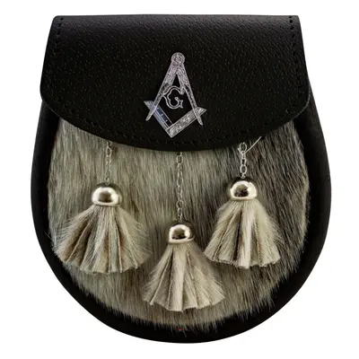 (L - 34" - 46") Masonic Semi Dress Sporran Freemason Badge on Lid Black Leather Seal Scottish Ce