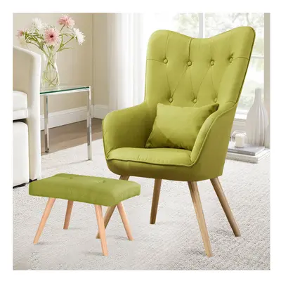 Linen Curved Buttoned Back Single Sofa Armchair with Footstool, Green