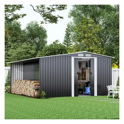 10ft x 8ft Metal Garden Tools Shed With Firewood Log Storage-Dark Grey