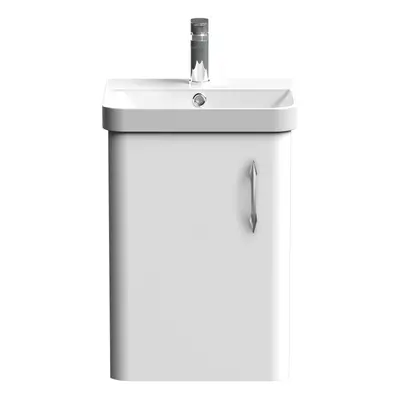 Curve Wall Hung Door Vanity Basin Unit - 400mm - Gloss White with Chrome D Shaped Handle (Tap No