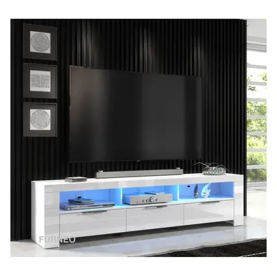 (RGB (multicoloured) LED Lights) Furneo 200cm White Long TV Stand Unit Cabinet Matt & High Gloss