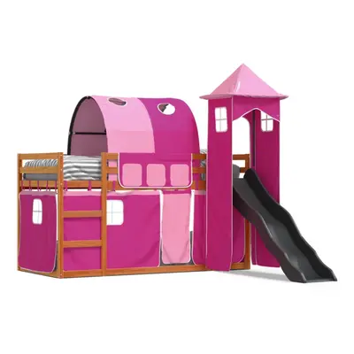 (brown and pink, x cm) vidaXL Bunk Bed with Slide and Curtains Twin Sleeper