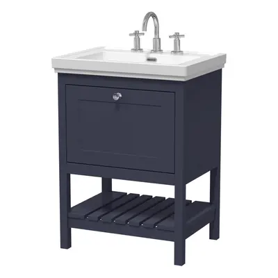 Traditional Furniture Floor Standing Drawer Vanity & Tap Hole Fireclay Basin, 600mm, Indigo Blue