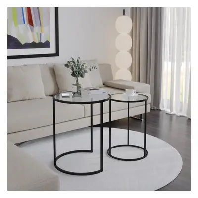 (Black Legs Transparent Glass) Pcs Round Nesting Side Tables Set Tempered Glass Top Metal Leg Co