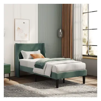 Single Bed Velvet Dark Green 3FT Upholstered Bed with Winged Headboard, Wood Slat Support