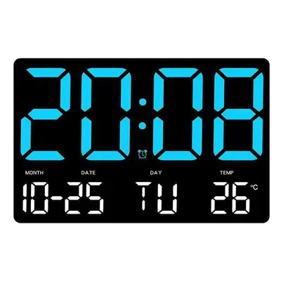 (Blue) Large Digital Wall Clock with LED Display, Adjustable Brightness, Indoor Temperature, Dat