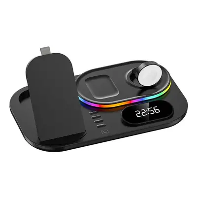 (Black, for Samsung) 15W 4-in-1 Wireless Charger with Clock & RGB Lights for iPhone, Samsung, Ai