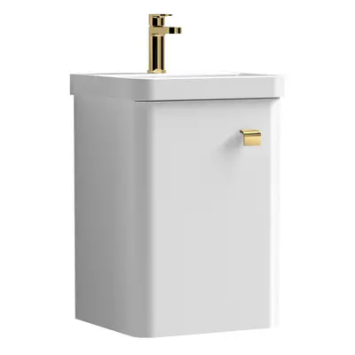 Curve Wall Hung Door Vanity Basin Unit - 400mm - Gloss White with Bushed Brass Drop Handle (Tap 