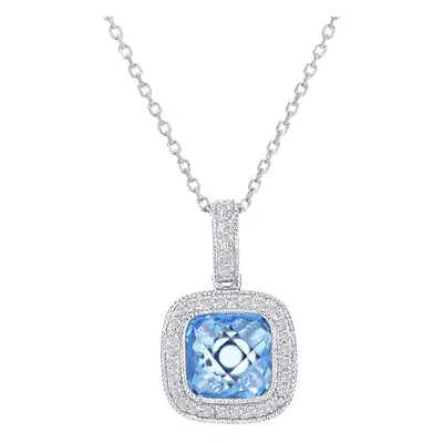 Jewelco London 9ct White Gold Round 10pts Diamond Cushion 1.75ct Blue Topaz Cocktail Pendant Nec