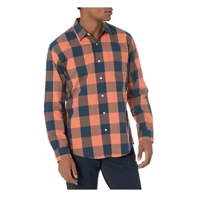 Men's Regular-Fit Long-Sleeve Casual Poplin Shirt, Blue/Orange, Buffalo, Medium