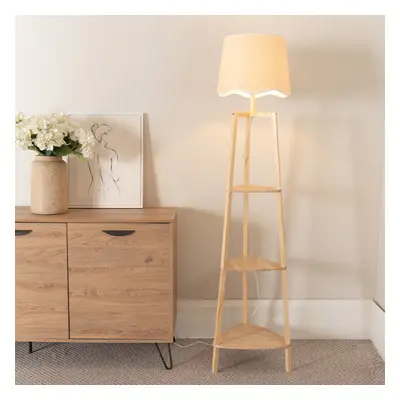 ValueLights Hiru White Trim Scallop Shade Tier Wooden Floor Lamp