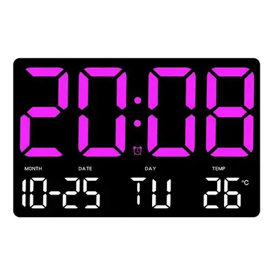 (Purple) Large Digital Wall Clock with LED Display, Adjustable Brightness, Indoor Temperature, D