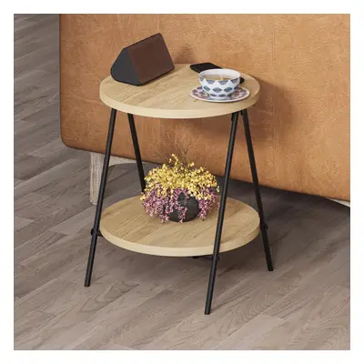 FWStyle Round Side Table Tier Scratch Resistant Natural Oak Metal Frame