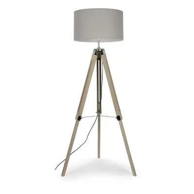 Modern Light Wood & Chrome Tripod Floor Lamp with a Grey Drum Shade - Complete with 6w LED Bulb 