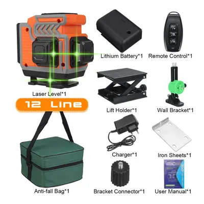 (Orange With Lines) 16/12/8 Line 4D Green Laser Level Meter Horizontal And Vertical Cross Self-L