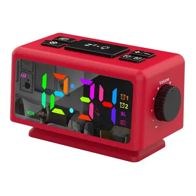 (Red) RGB Digital Alarm Clock with FM Radio, Dual Alarms, Snooze, Dynamic Display, 12/24H, Date,