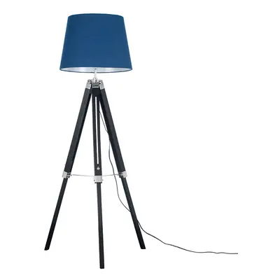 Modern Black Wood and Silver Chrome Tripod Floor Lamp with a Navy Blue Tapered Light Shade