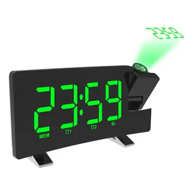 (Green) Radio Projection Alarm Clock Large Screen LED Display Electronic Clock Curved Double Ala