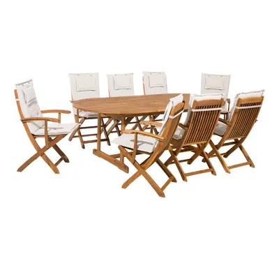 8 Seater Acacia Wood Garden Dining Set Off-white Cushions MAUI