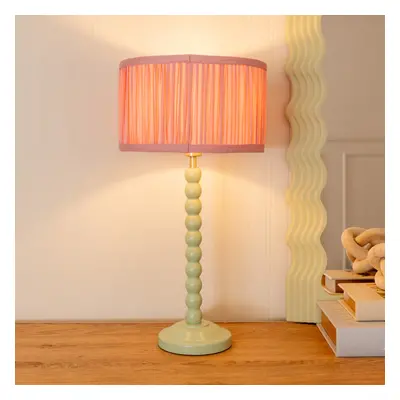 ValueLights Bobbins Ruched Pink Shade Sage Green Table Lamp & Bulb