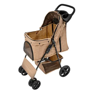 (Woven Beige ) Pet Strollers with Rain Cover & Caddies